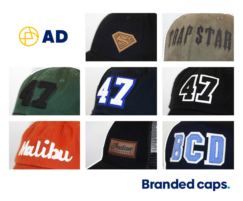 Eight different branded caps