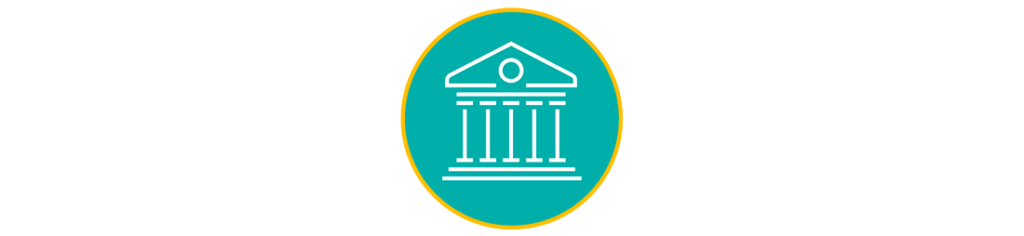 A light blue icon featuring a roman building, signifying governance
